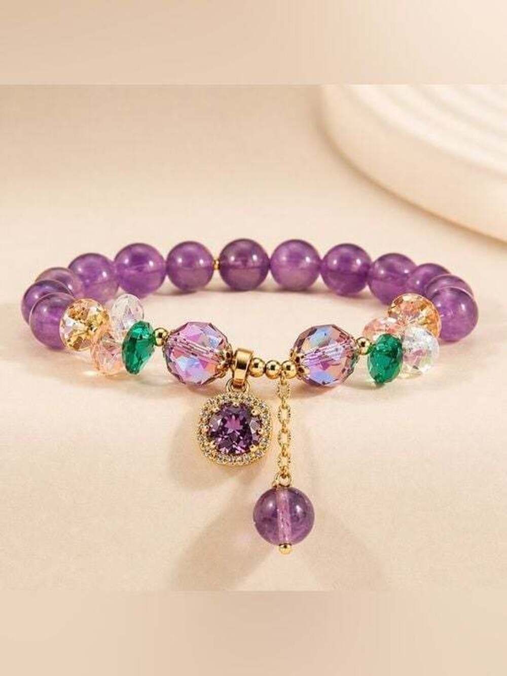 Gold-Accent Purple Crystal Charm Bracelet with Multicolor Beads